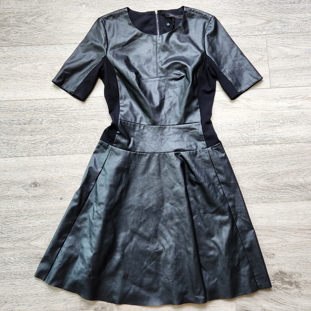 BCBGMaxAzria Darra Black Faux Leather Dress Womens 4 Fit And Flare Nwt